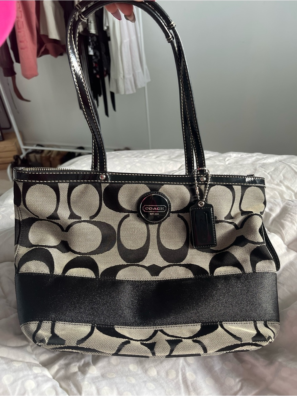 Coach Black and Cream Signature Canvas Tote